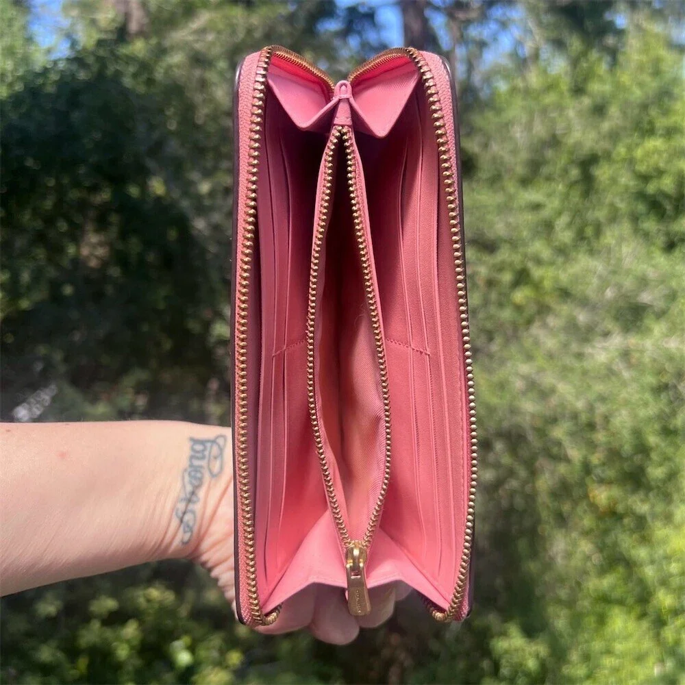 COACH Long Zip-Around Wallet Smooth Pink Leather with Gold Hardware AUTHENTIC